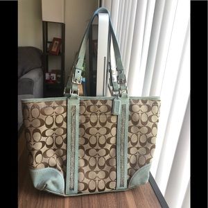 Turquoise blue monogram coach tote